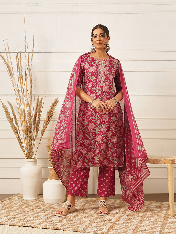 Pink V Neck Printed Cotton Suit Set