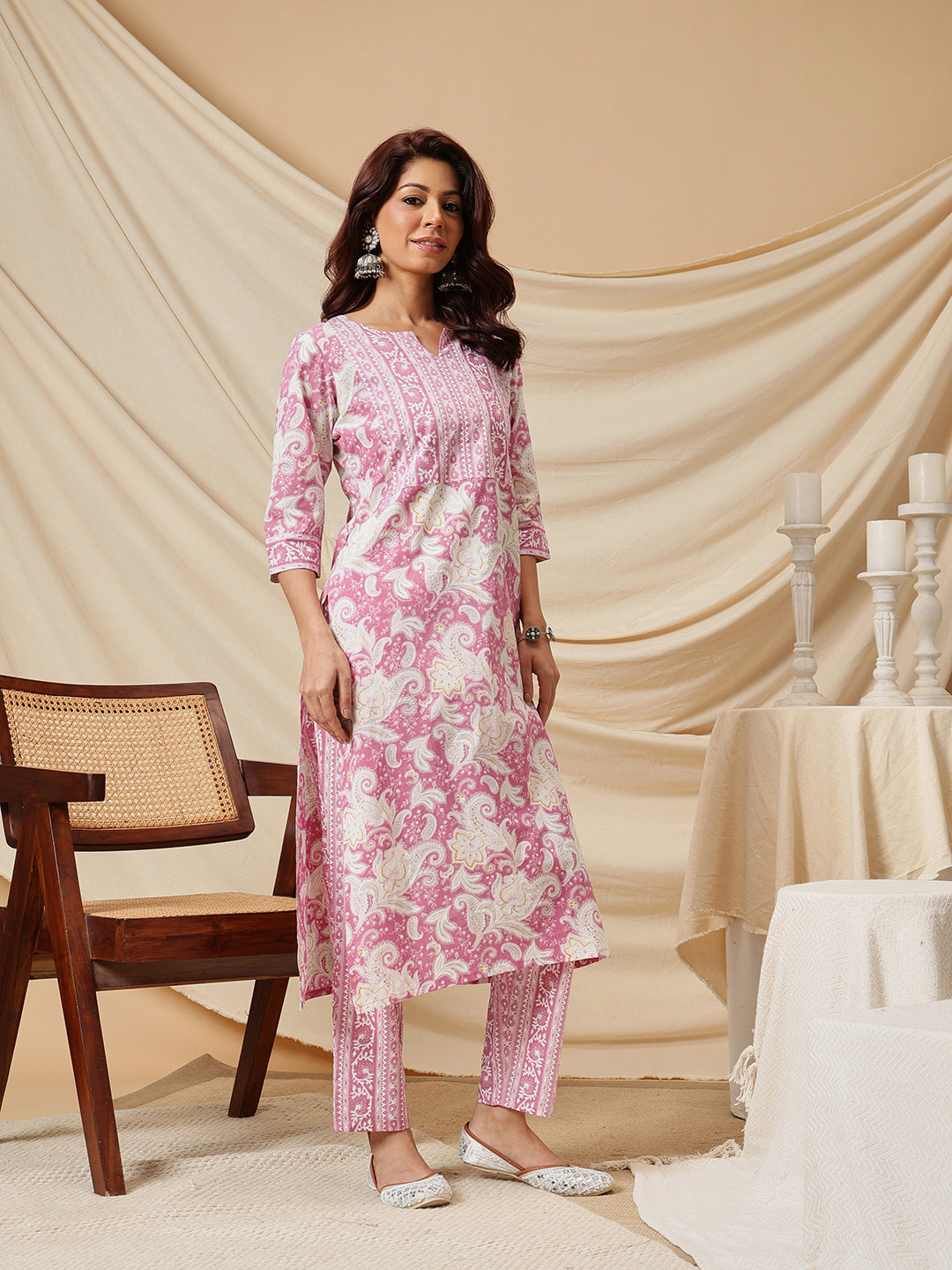Pink Ethnic Motif Printed Cotton Suit Set