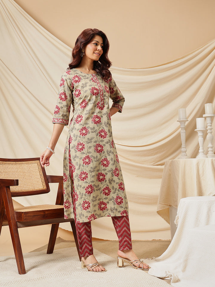 Beige Floral Printed Cotton Suit Set