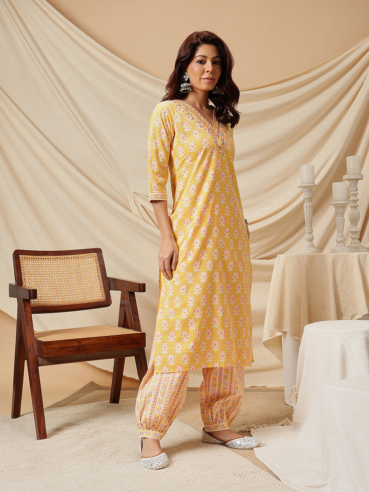 Yellow Embroidered Floral Printed Cotton Suit Set