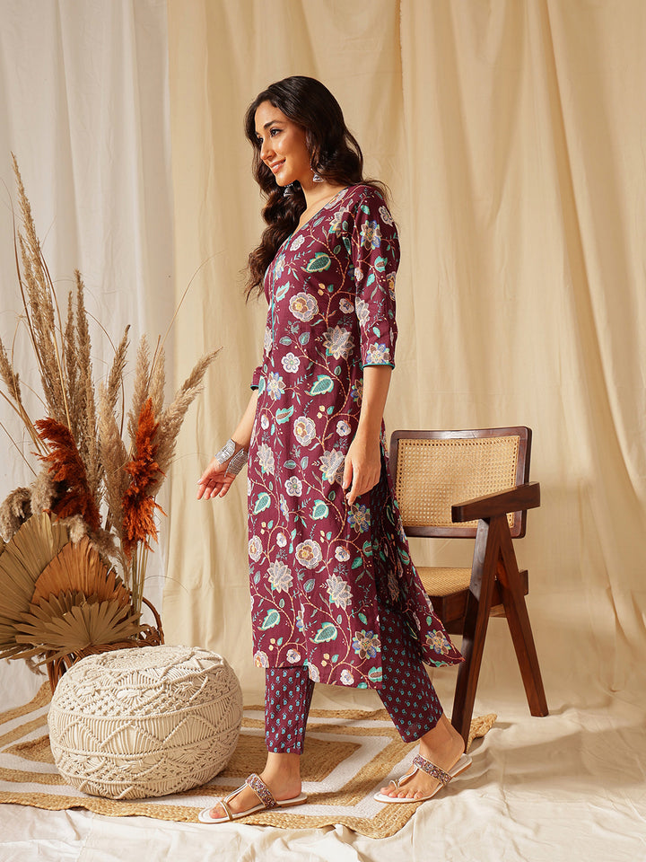 Maroon Floral Printed Cotton Suit Set