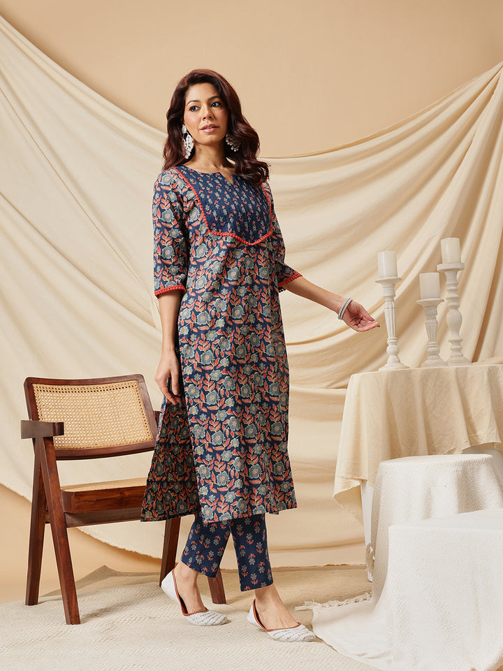Navy Blue Floral Printed Cotton Suit Set