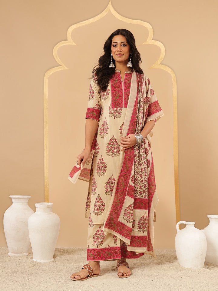Magenta Floral Printed Cotton Suit Set