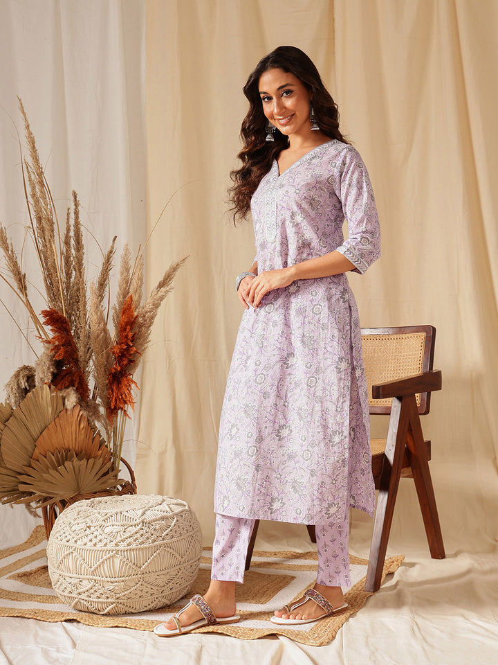 Purple Floral Printed Cotton Suit Set