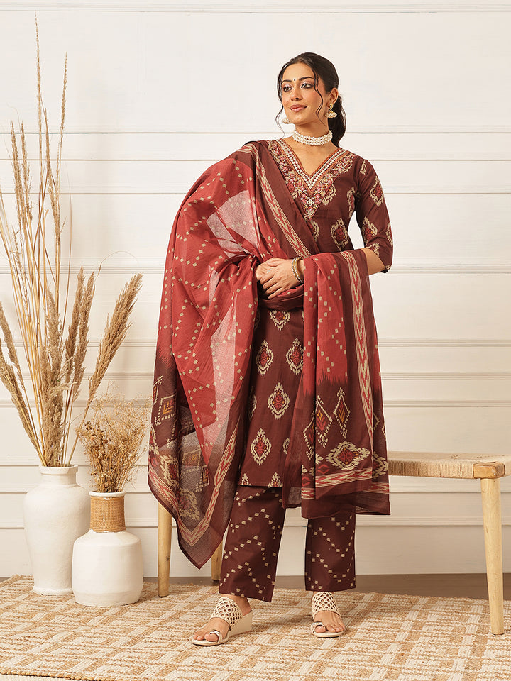 Brown Embroidered Cotton Suit Set