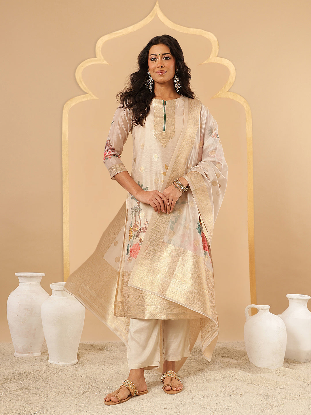 Beige Floral Printed Organza Suit Set