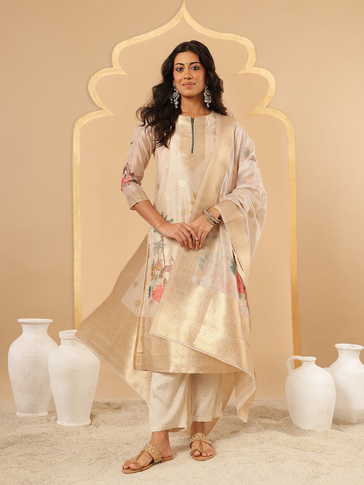 Beige Floral Printed Organza Suit Set