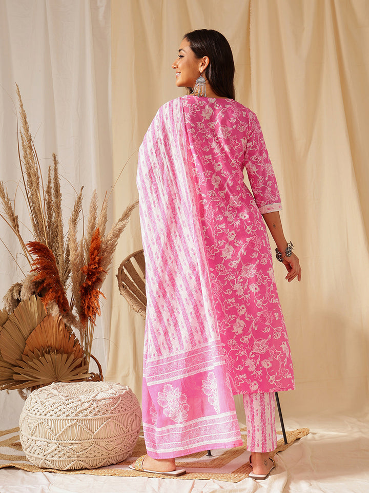 Pink Floral Printed Cotton Suit Set