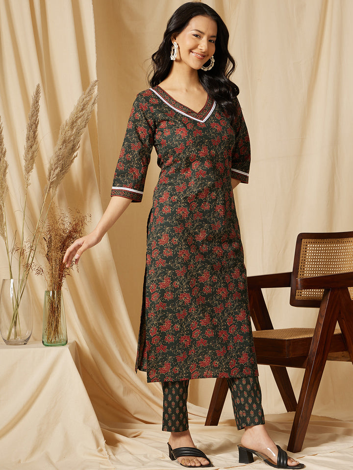 Dark Green Floral Printed Cotton Suit Set