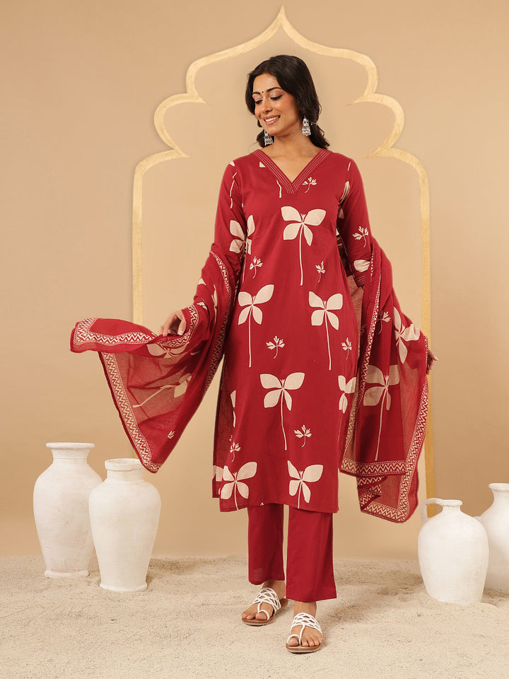 Red Printed Cotton Suit Set