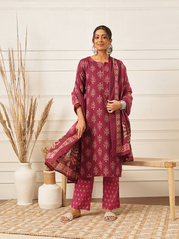 Pink Printed Straight Cotton Suit Set