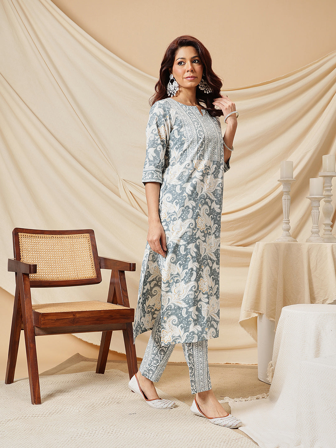 Grey Ethnic Motif Printed Cotton Suit Set