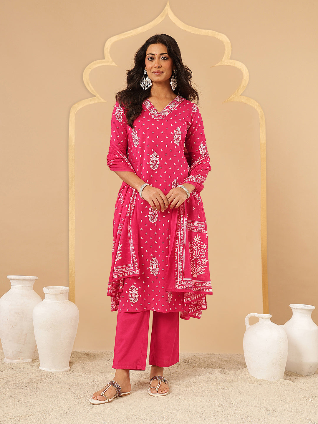 Pink Embroidered V-Neck Kurta Set
