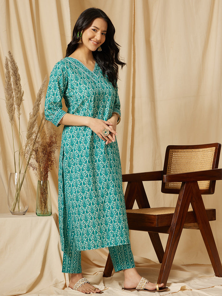 Blue Ethnic Motif Printed Cotton Suit Set