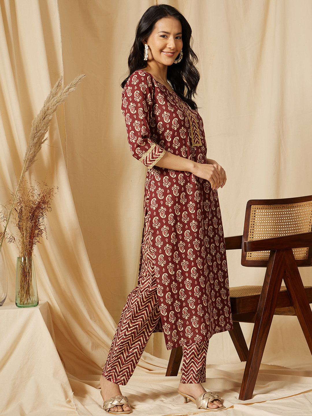 Maroon Ethnic Motif Printed Cotton Suit Set