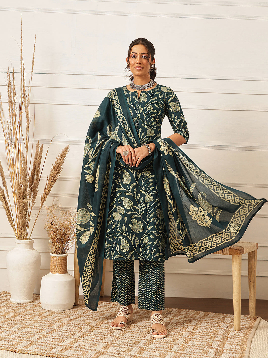 Blue Floral Printed Cotton Suit Set
