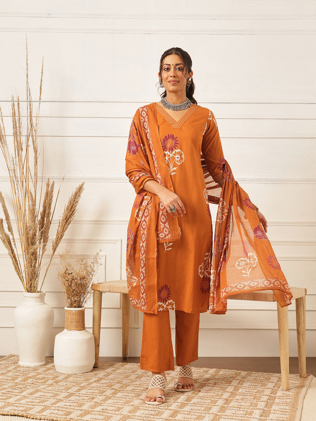 Rust Floral Printed Kurta Set