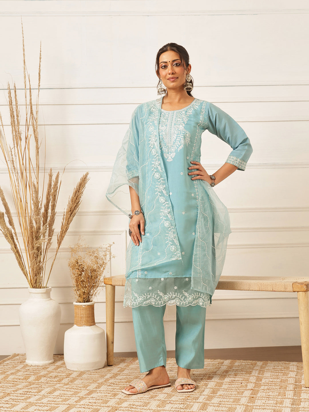 Embroidered Silk Blend Suit Set