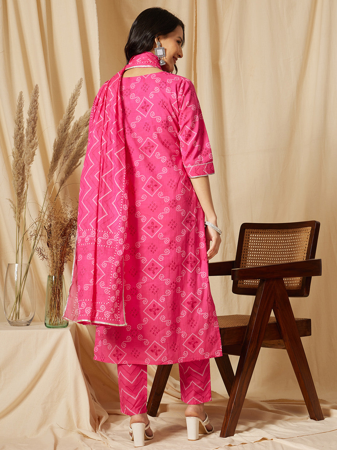 Fuchsia Pink Bandhni Printed Cotton Suit Set