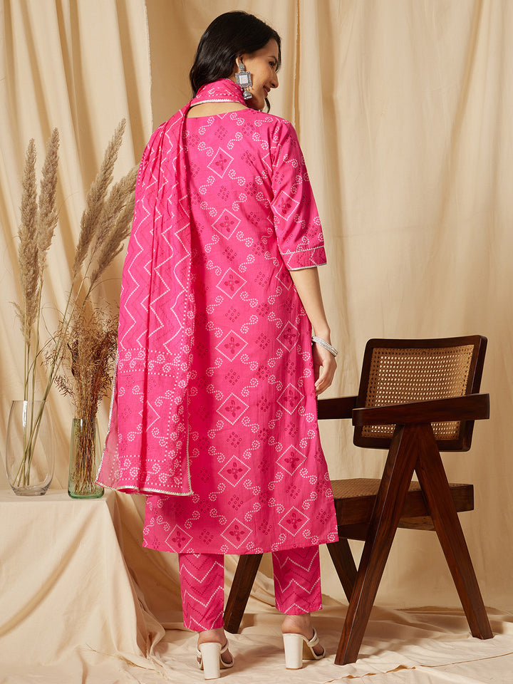 Fuchsia Pink Bandhni Printed Cotton Suit Set