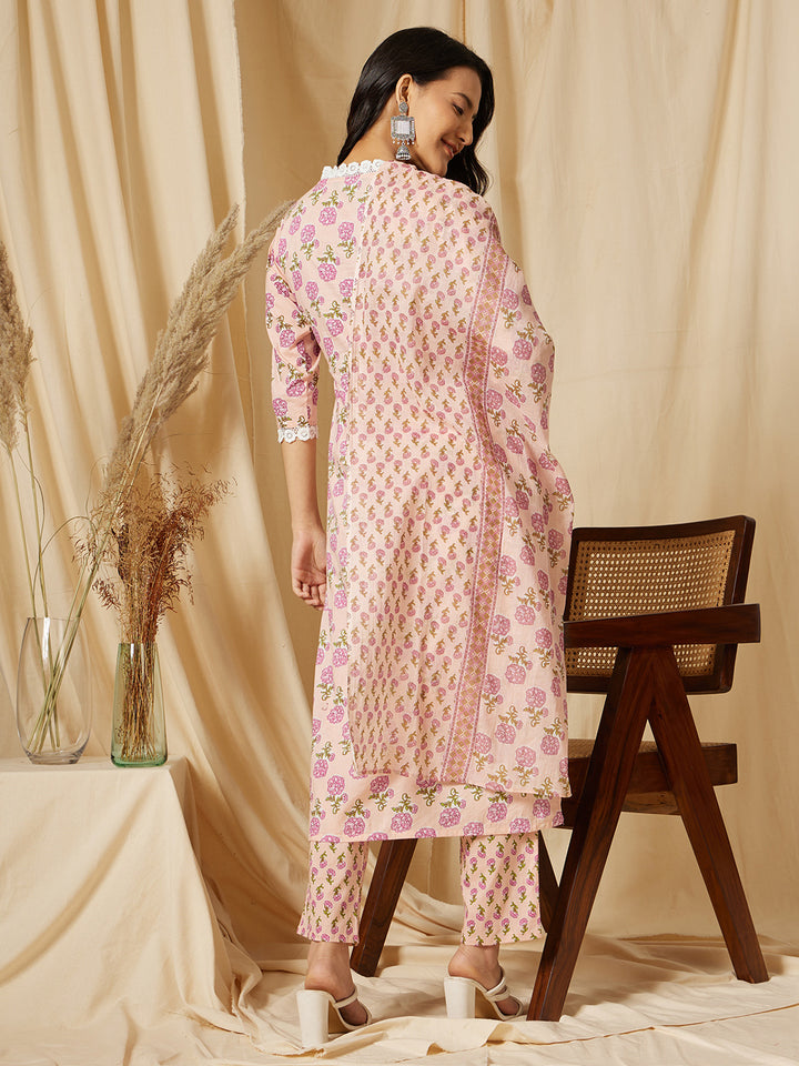 Pink Floral Printed Cotton Suit Set