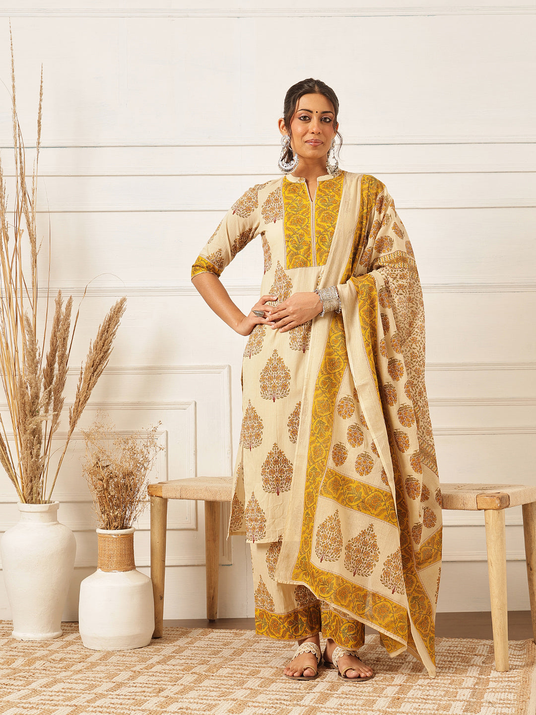 Mustard Floral Printed Cotton Suit Set