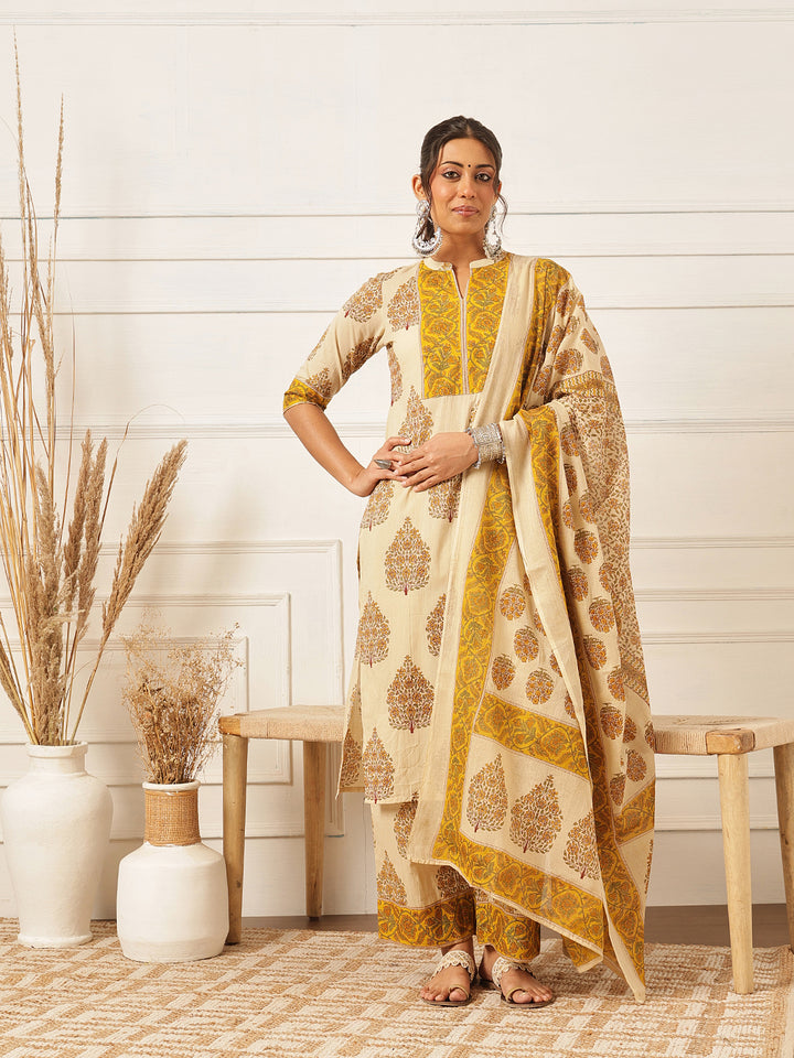 Mustard Floral Printed Cotton Suit Set