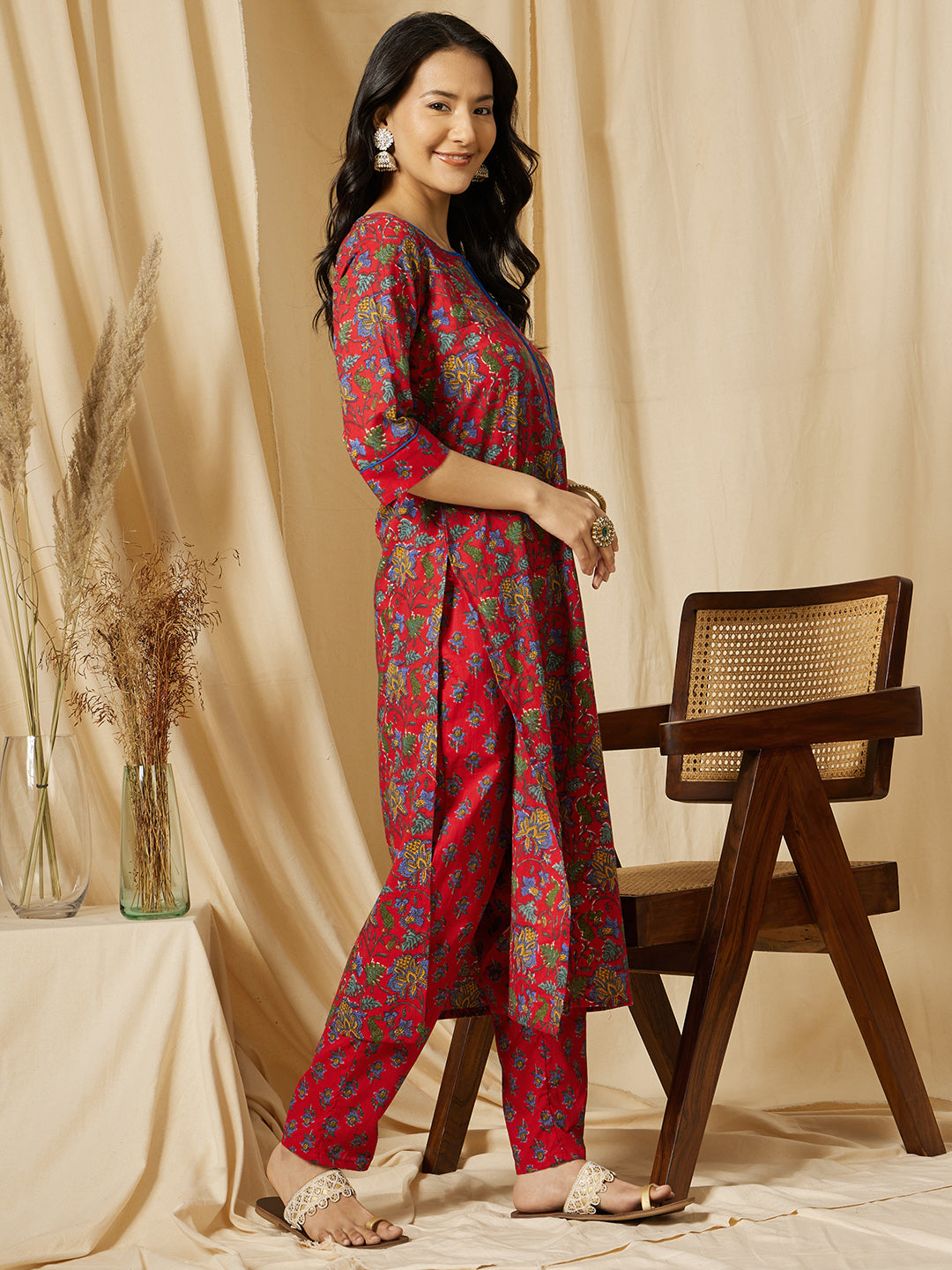 Red Floral Printed Cotton Suit Set