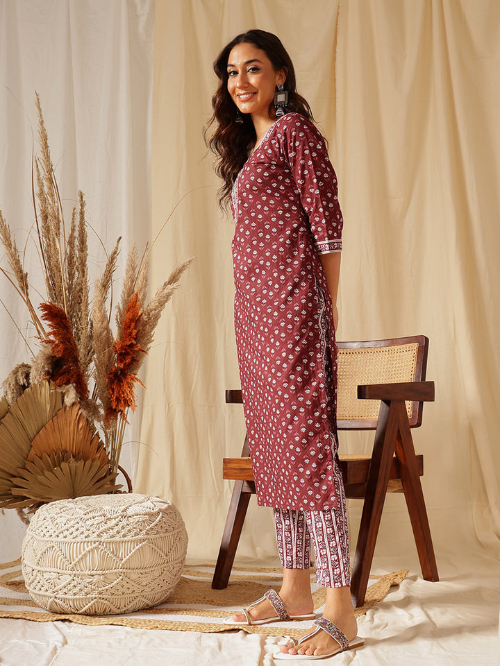 Maroon Floral Printed Cotton Suit Set