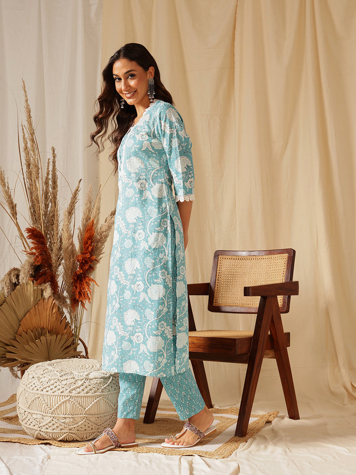 Blue Floral Printed Cotton Suit Set