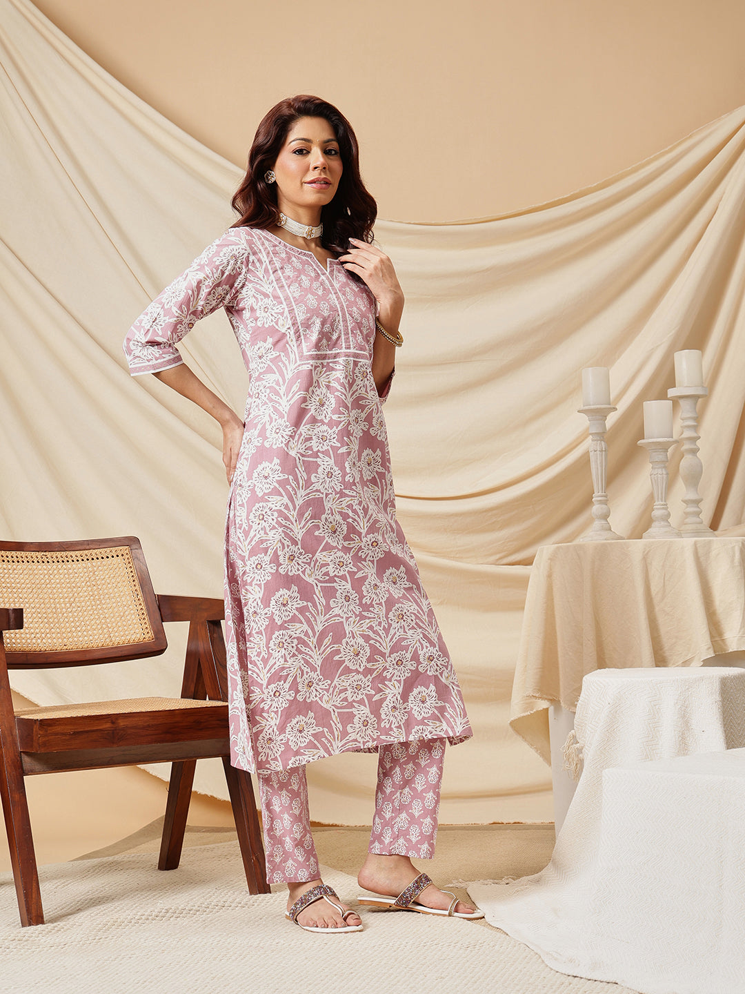 Pink Floral Printed Cotton Suit Set