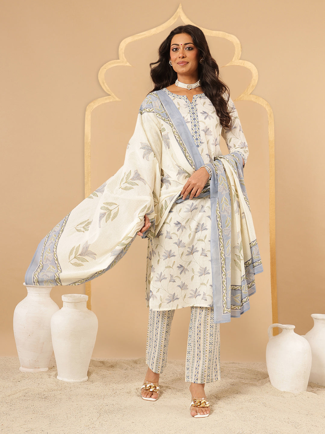 Blue Floral Printed Cotton Suit Set