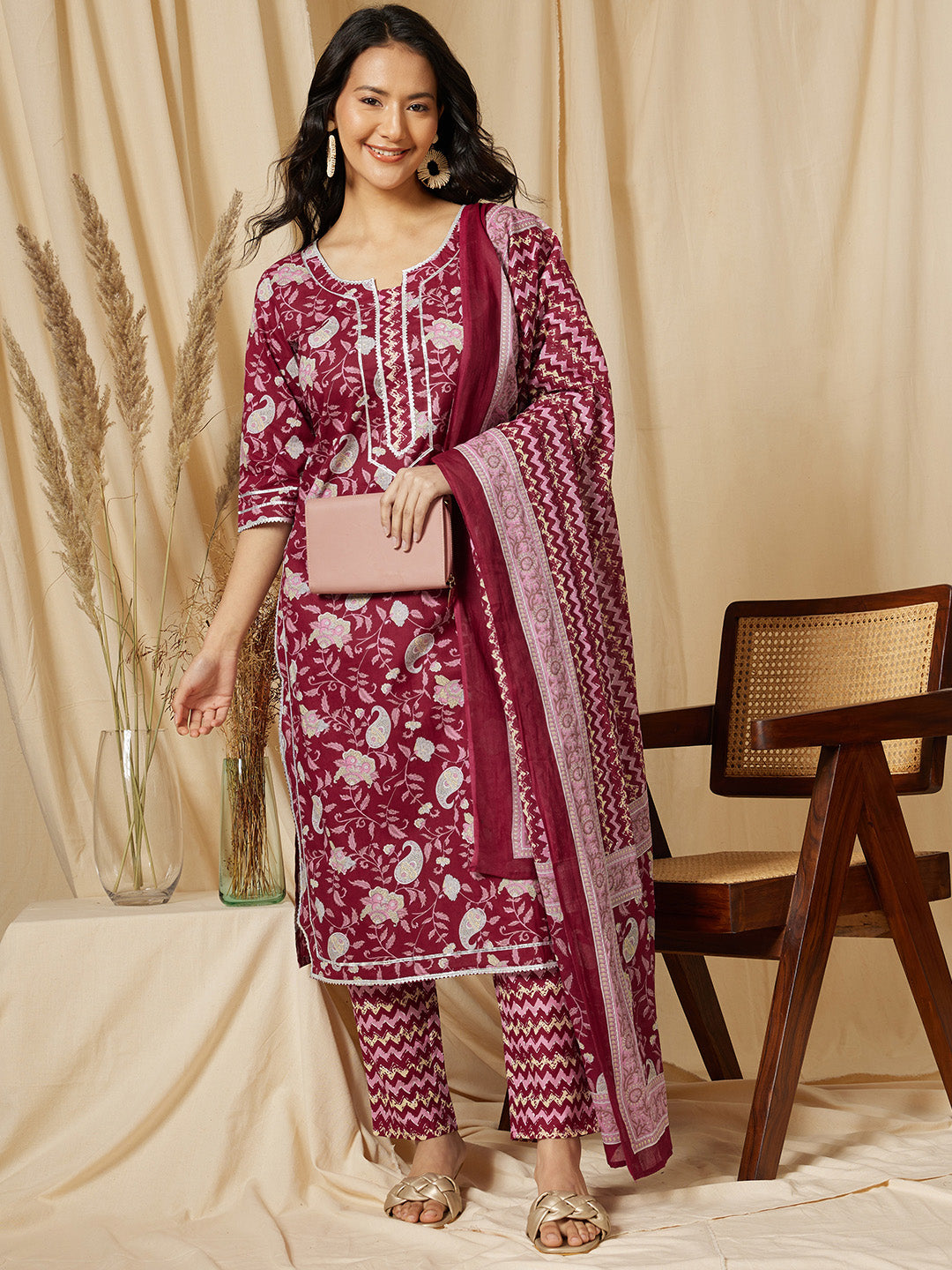 Magenta Printed Straight Cotton Suit Set