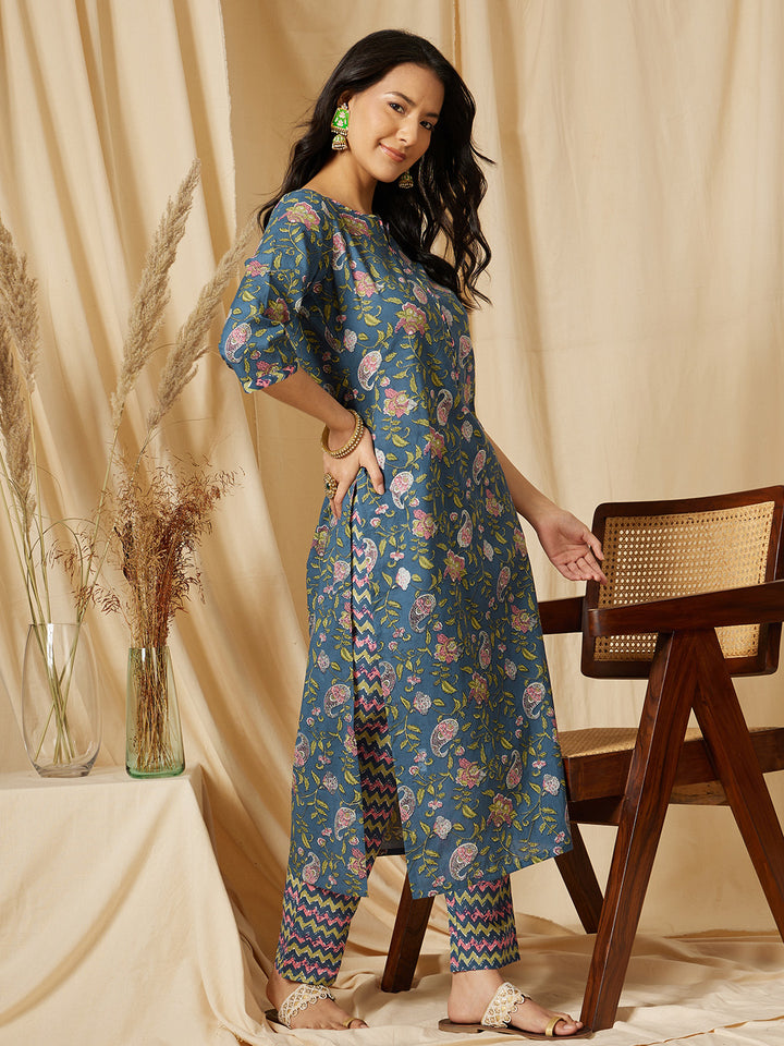 Blue Printed Straight Cotton Suit Set