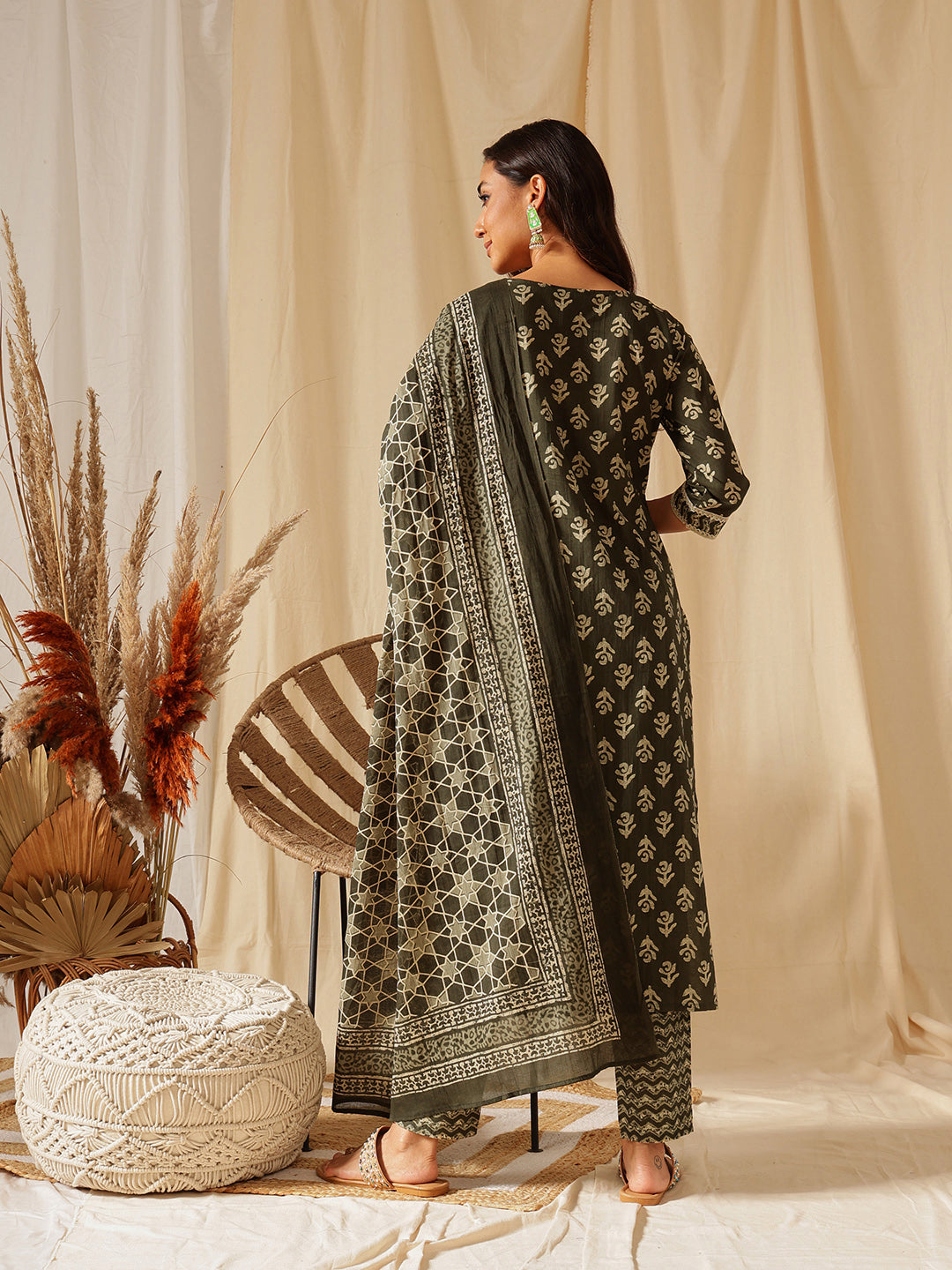 Green Ethnic Motif Printed Cotton Suit Set