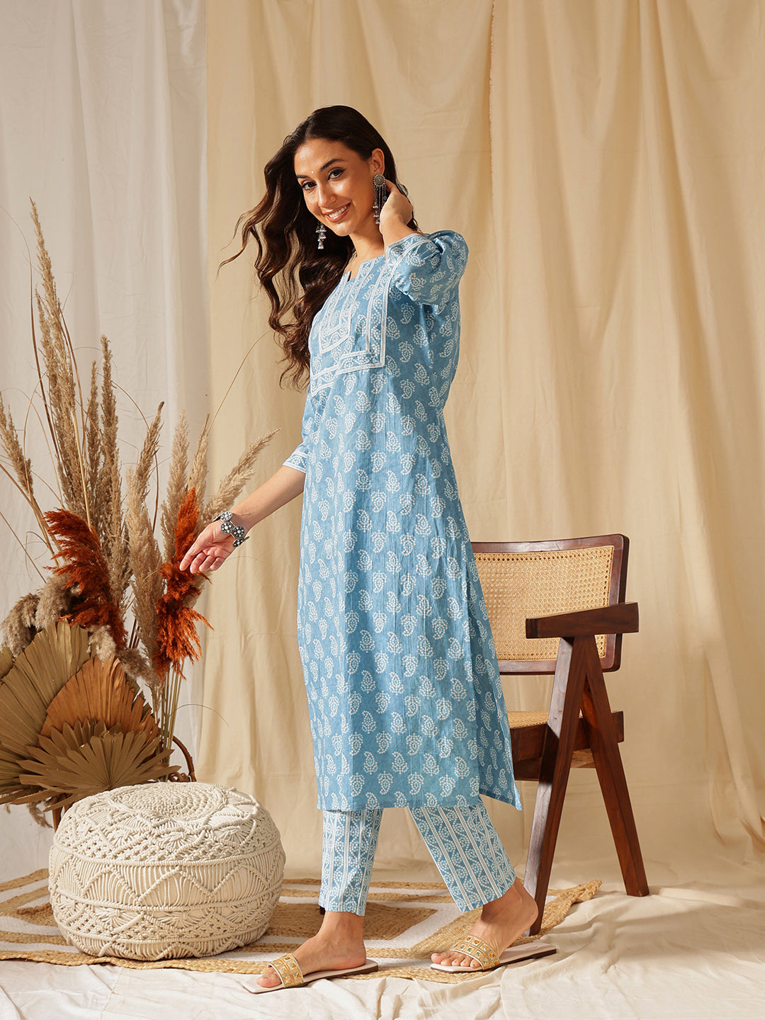 Blue Floral Printed Cotton Suit Set