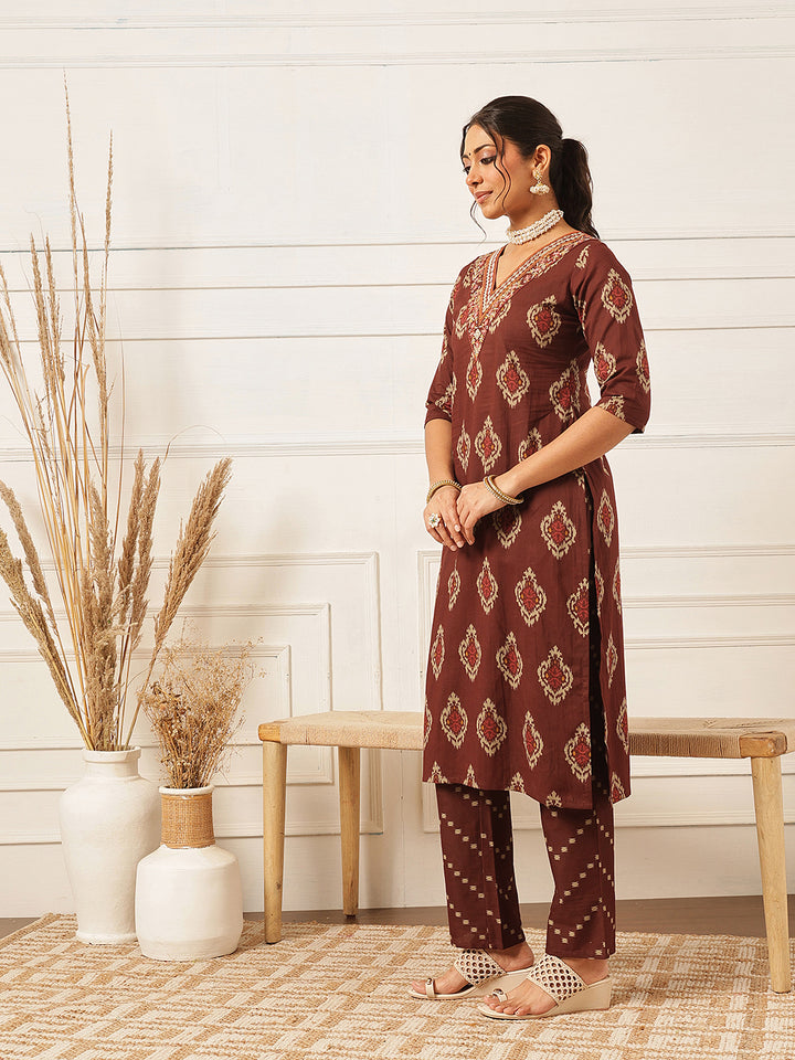 Brown Embroidered Cotton Suit Set