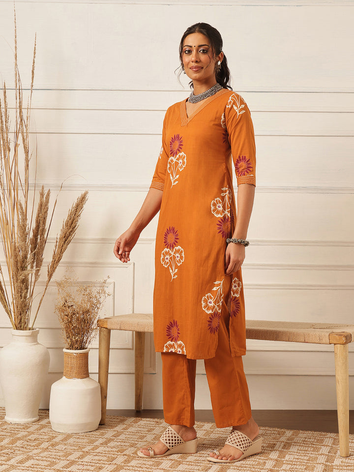 Rust Floral Printed Kurta Set