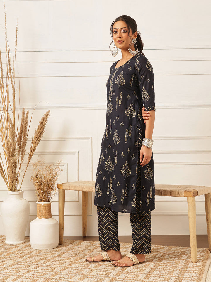 Navy Blue Embroidered Cotton Suit Set
