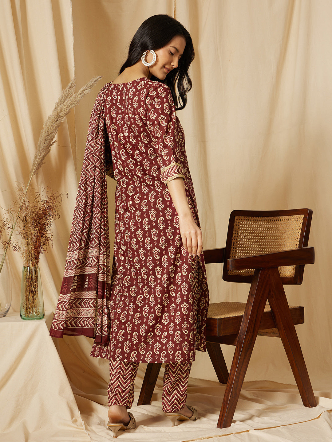 Maroon Ethnic Motif Printed Cotton Suit Set