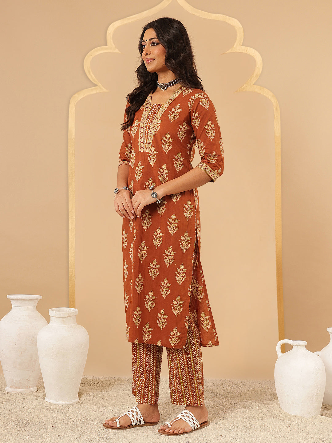 Beige and Orange Ethnic Motifs Printed Cotton Suit Set
