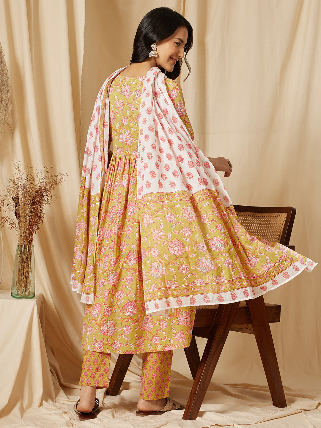 Yellow Gathered Floral Printed Cotton Suit Set