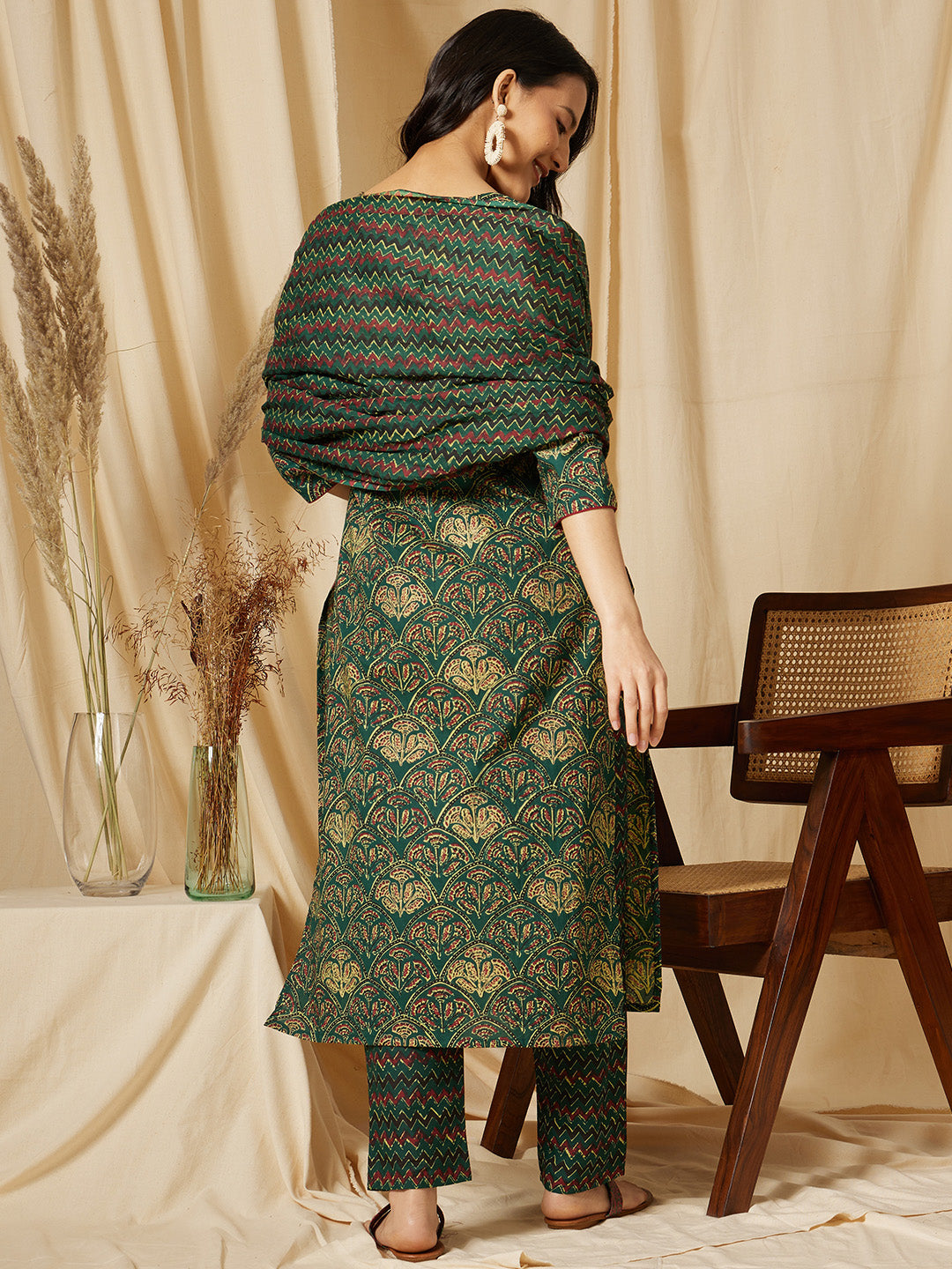 Dark Green Ethnic Motif Cotton Suit Set