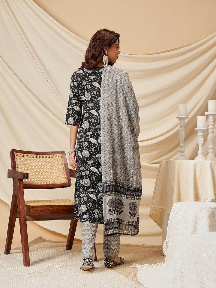 Black Embroidered Floral Printed Cotton Suit Set