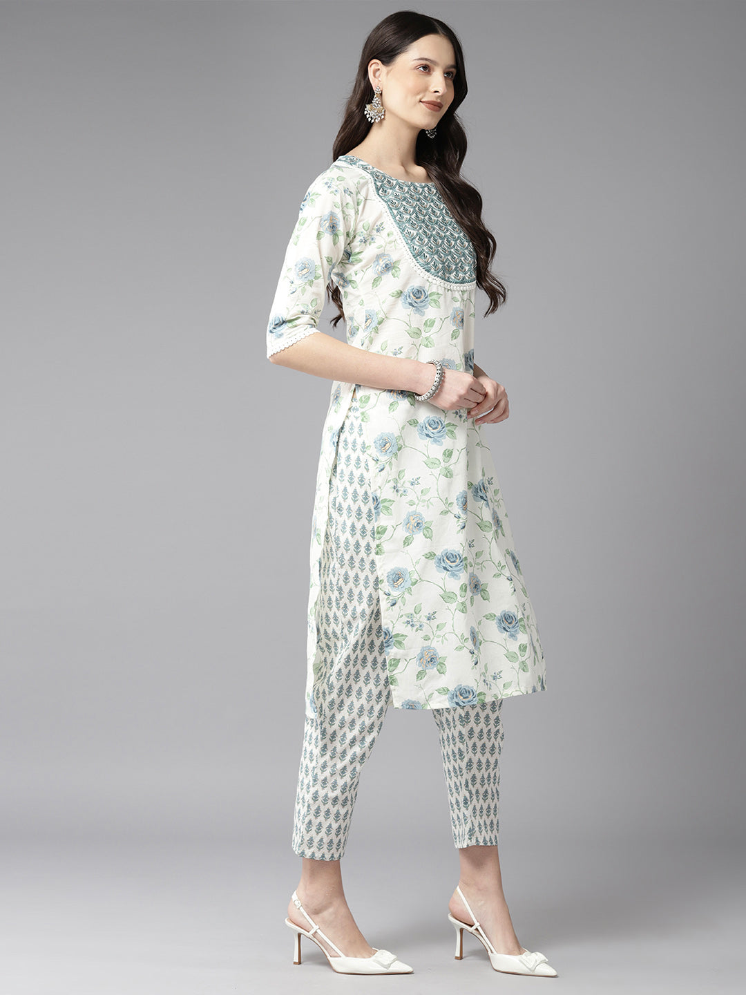 White Floral Embroidered Printed Cotton Suit Set