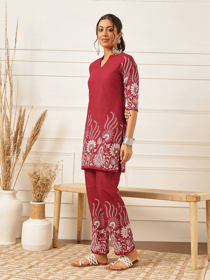 Floral Crest Cotton Co-Ord Set: Cherry Wine