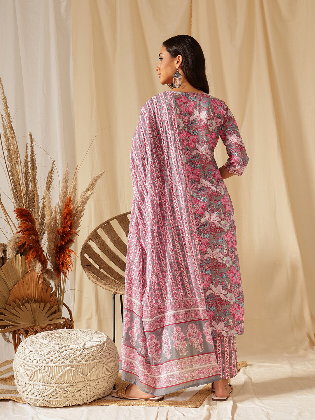 Grey and Pink Printed Cotton Suit Set