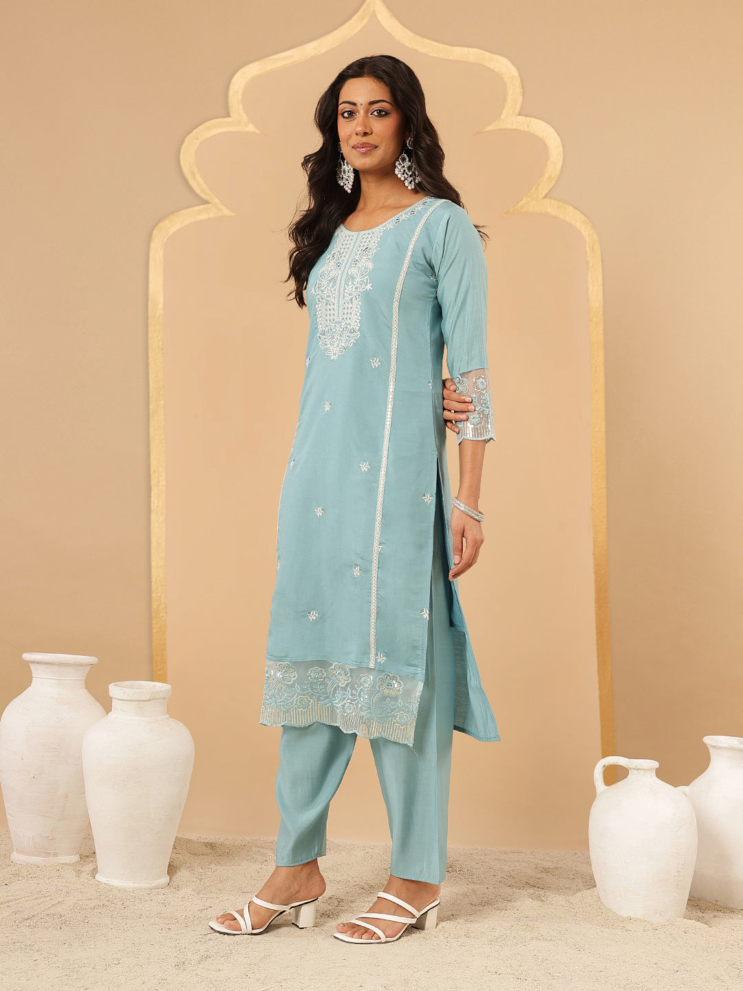Blue Embroidered Silk Suit Set