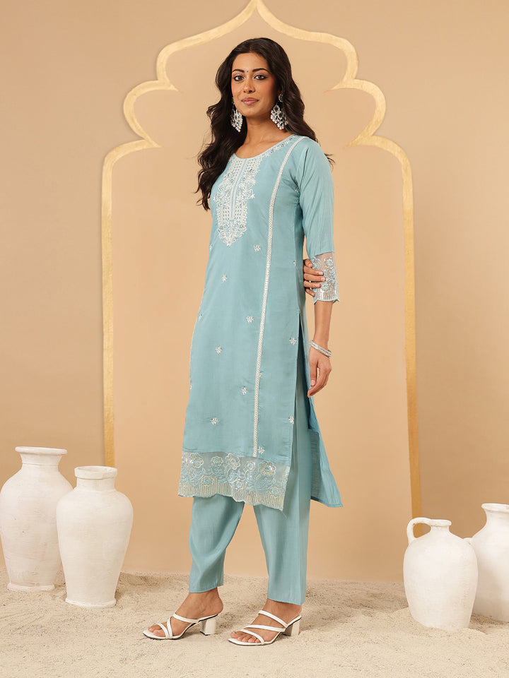 Blue Embroidered Silk Suit Set