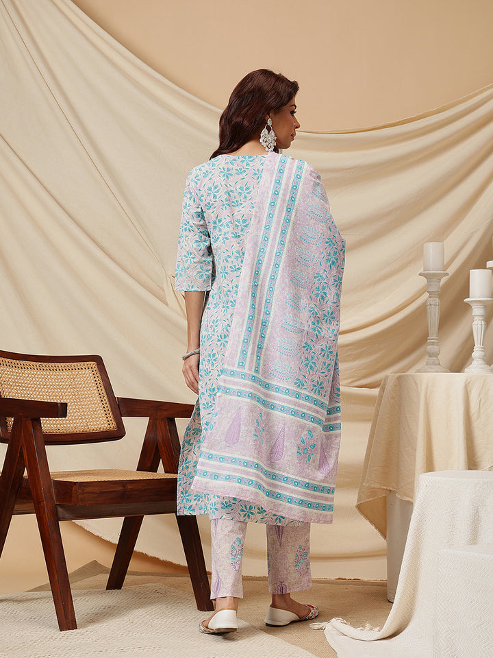 Blue Embroidered Floral Printed Cotton Suit Set